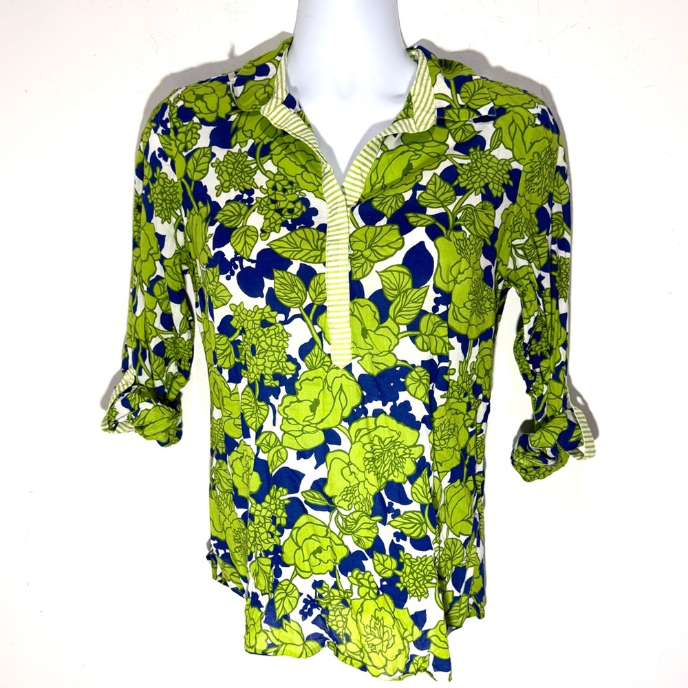 Talbots Floral Print Henley Tunic Top Blouse Size L Green Blue & White Light Wgt - Picture 6 of 11